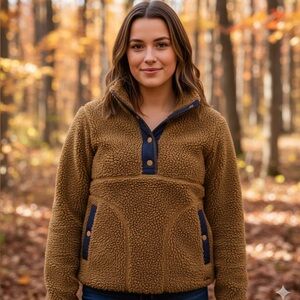 L.L. Bean Mustard Sherpa Pullover Quarter Snap with Navy Detail Size Small